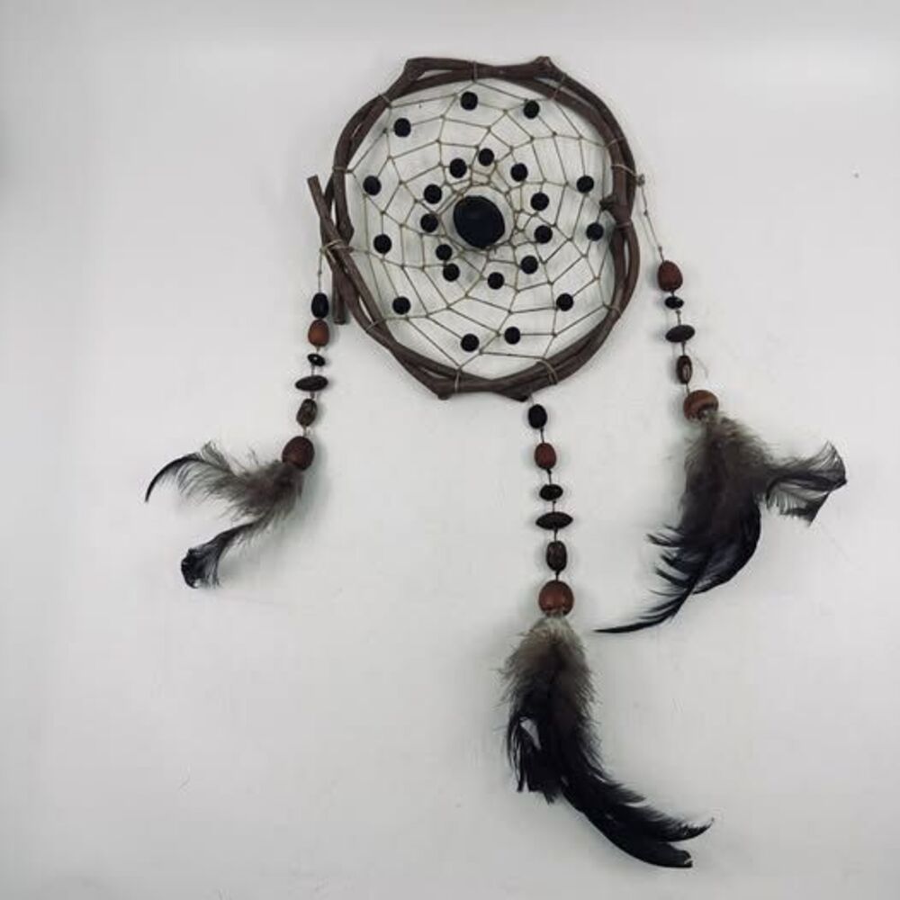 Handmade Boho Dreamcatcher - 7in Double Hoop, Wood/Seed Beads, Natural Feathers